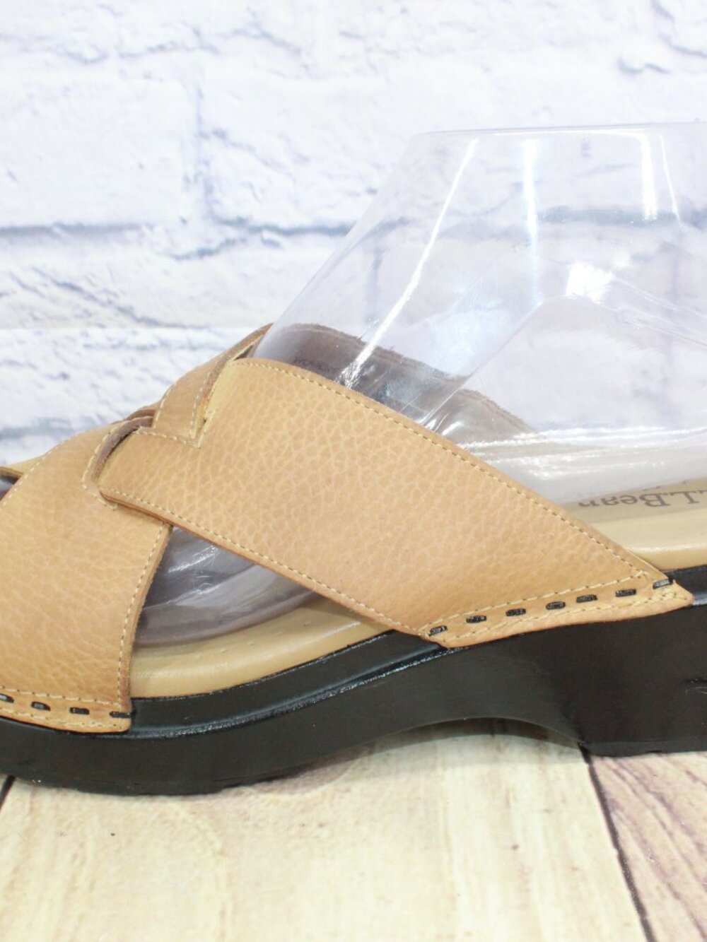 LL Bean Brown Leather Criss Cross Slip On Wedge Sandals Size 7.5 M